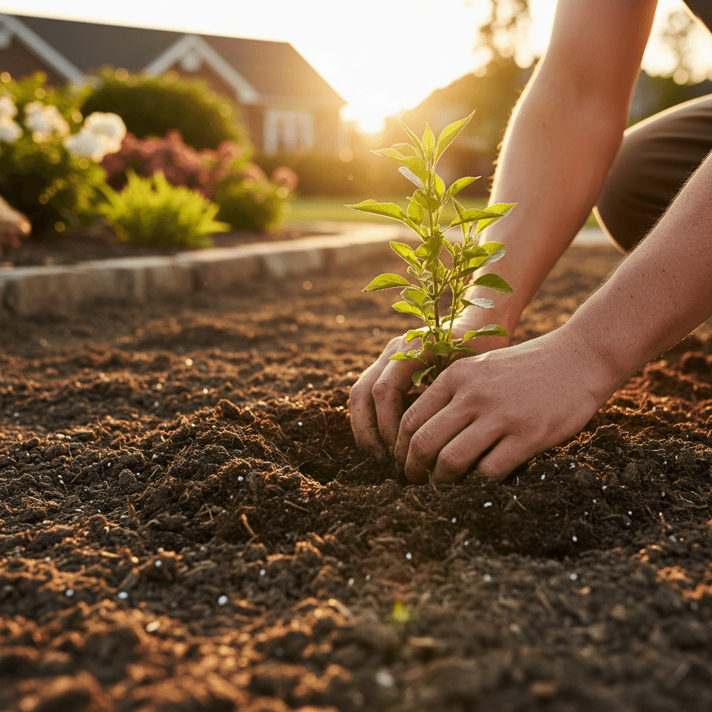 Hands holding soil in a garden setting